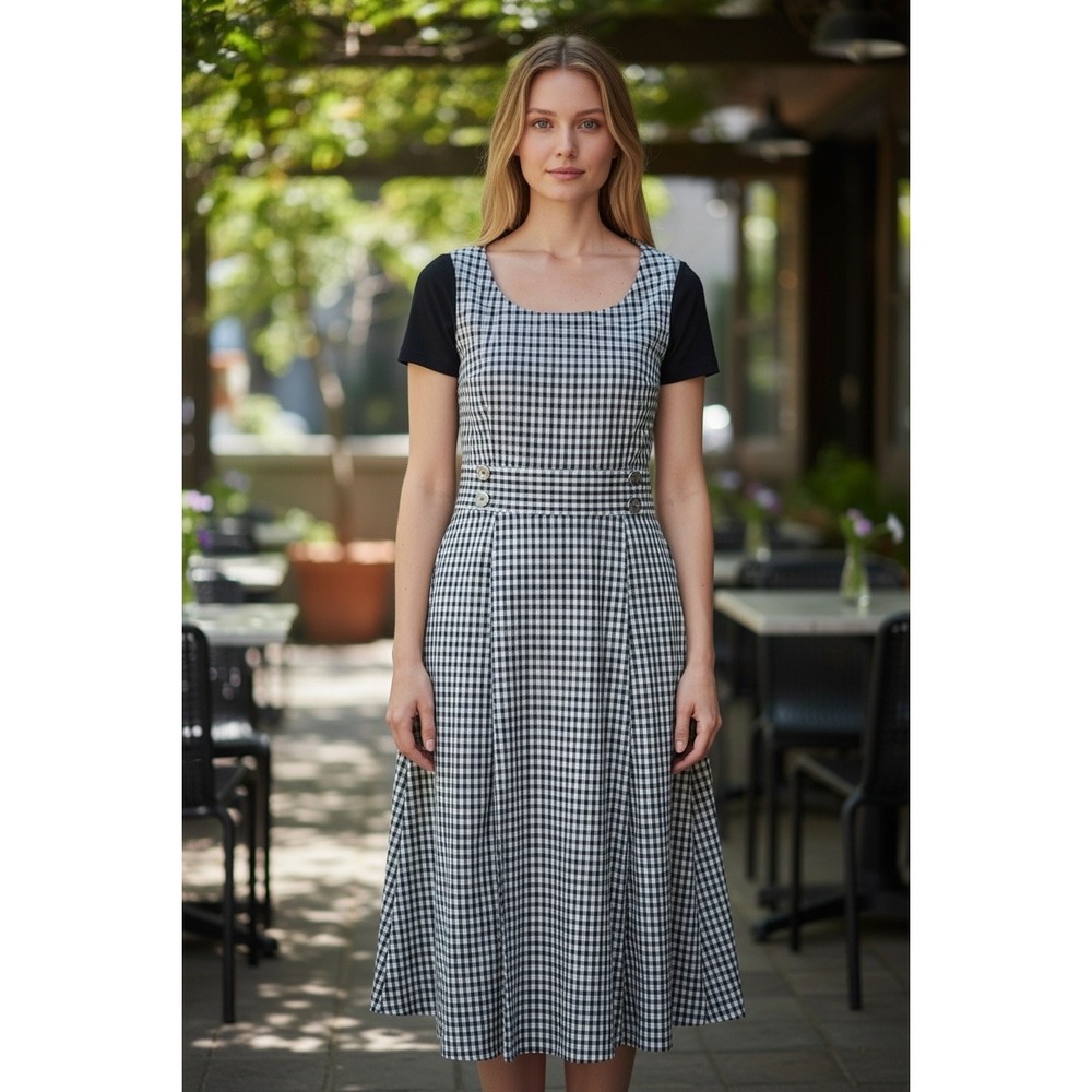 Express Vintage Gingham Pinafore Midi Dress XS Black White Check Pockets 90s